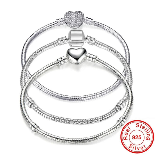 Big Sale Handmade Pan Bracelets for Women Original 925 Sterling Silver Heart Snake Chain Bangle Bracelet DIY Jewelry Fit Beads