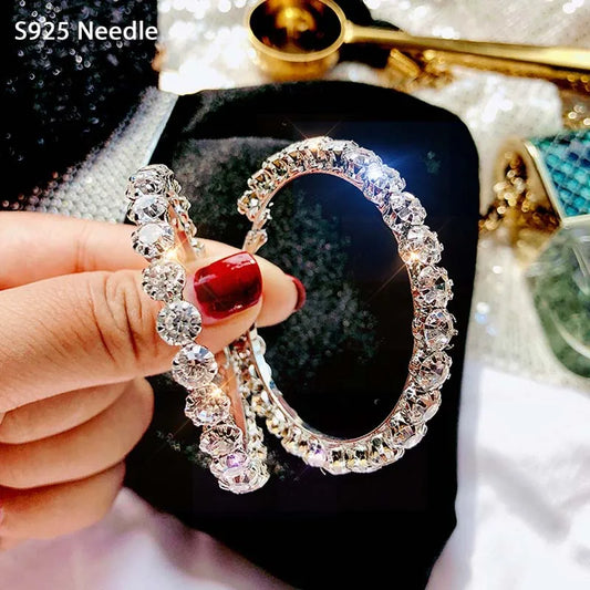 925 Sterling Silver Needle Hoop Earrings for Women Jewelry Round Cubic Zircon Shining Bling Female Large Hoop Earring Jewelry