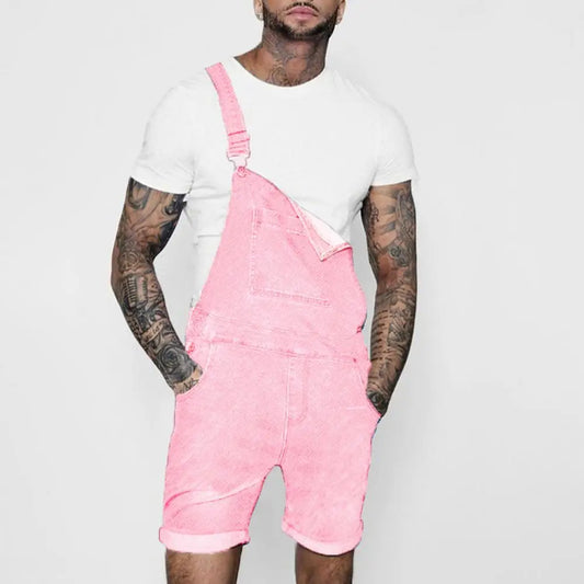 Pink Denim Overall Shorts for Men Fashion Hip Hop Streetwear Mens Jeans Overall Shorts Plus Size Summer Short Jean Jumpsuits